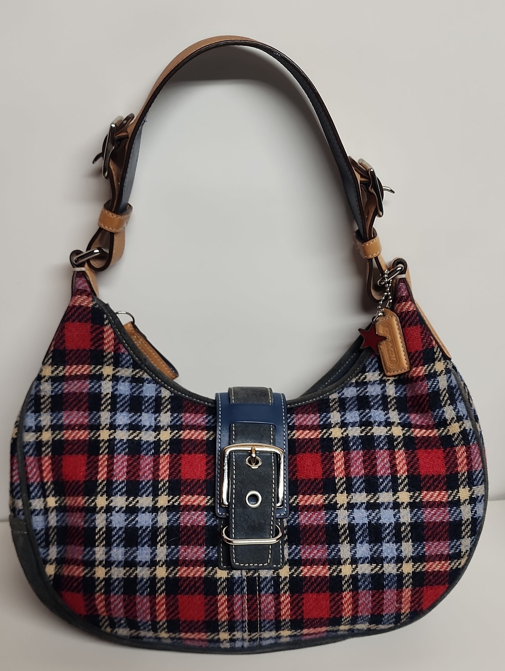 Coach Rare Vintage Suede Hampton 100% Wool Plaid Red & Blue Hobo Shoulder Bag